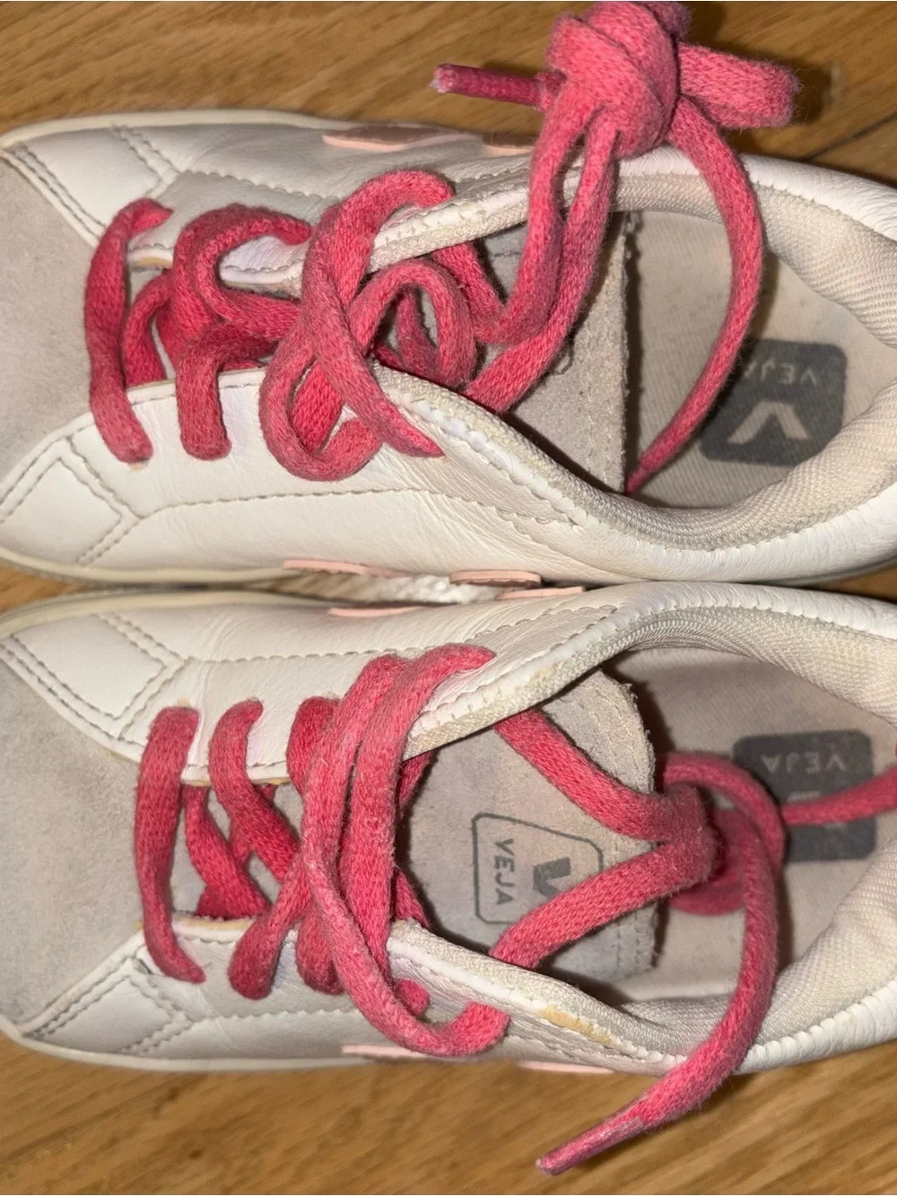 Veja Kids White Sneakers with Pink Accents and Yellow Heel Tab